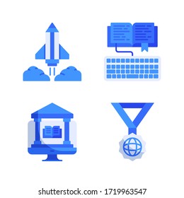Online Learning icon set = rocket pencil, home work, online library, medal