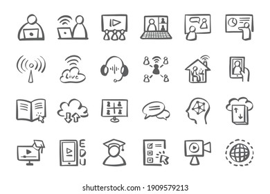 Online learning icon set. Self study Education. Hand drawn doodle icons set.
