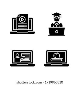 Online Learning icon set = online tutorial, male student, teacher, book online
