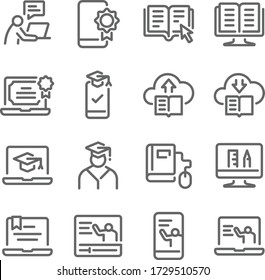 Online Learning icon set vector illustration. Contains such icon as e-learning, Graduate, Social distancing, Tutorial, Training, e-Book online, and more. Expanded Stroke