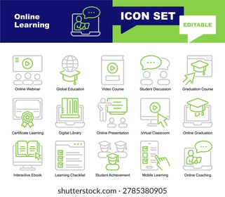 Online Learning icon set. Vector symbols for Learning, elearning, classroom, digital course, educational platform, online training, internet education, interactive learning