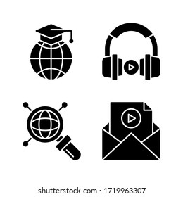 Icono de Aprendizaje en línea = mundial, auriculares, motor de búsqueda, correo electrónico