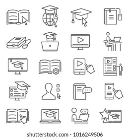 Online Learning Icon. Studying For Qualification Without Need To Attend Classes On Campus, Online Learning For Higher Education From Home. Vector Line Art Illustration