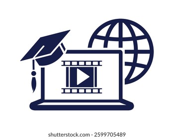 Online learning icon, world video webinar, e-learning on tablet. Logo concept of video podcasts sign on transparent background.