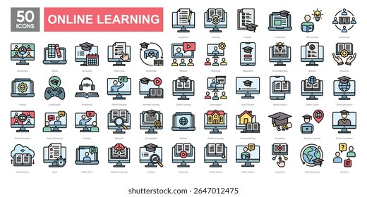 Conjunto de coleta de ícones de aprendizado on-line, abrangendo salas de aula virtuais, ferramentas de e-learning, recursos digitais e tecnologia educacional. Ideal para plataformas, apresentações e materiais didáticos.