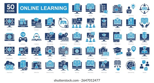 Conjunto de coleta de ícones de aprendizado on-line, abrangendo salas de aula virtuais, ferramentas de e-learning, recursos digitais e tecnologia educacional. Ideal para plataformas, apresentações e materiais didáticos.