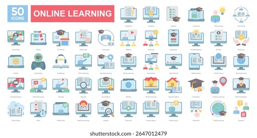 Conjunto de coleta de ícones de aprendizado on-line, abrangendo salas de aula virtuais, ferramentas de e-learning, recursos digitais e tecnologia educacional. Ideal para plataformas, apresentações e materiais didáticos.