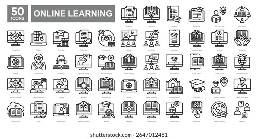 Conjunto de coleta de ícones de aprendizado on-line, abrangendo salas de aula virtuais, ferramentas de e-learning, recursos digitais e tecnologia educacional. Ideal para plataformas, apresentações e materiais didáticos.