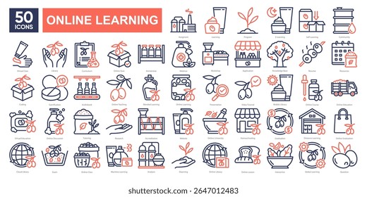 Conjunto de coleta de ícones de aprendizado on-line, abrangendo salas de aula virtuais, ferramentas de e-learning, recursos digitais e tecnologia educacional. Ideal para plataformas, apresentações e materiais didáticos.