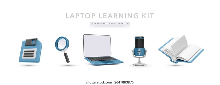 Online Learning Icons Featuring Laptop, Microphone, Book, Magnifying Glass, and Floppy Disk in 3D Minimal Style. Great for Education, Research, or Podcast Projects. Vector Illustration.