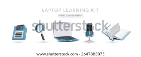 Online Learning Icons Featuring Laptop, Microphone, Book, Magnifying Glass, and Floppy Disk in 3D Minimal Style. Great for Education, Research, or Podcast Projects. Vector Illustration.