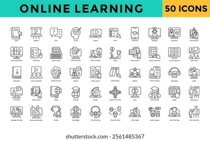 Online learning icons set with book, webinar, chat, smart, tutorial, exam, e-learning, video call, instructor, online fitness icon. Simple line vector 
