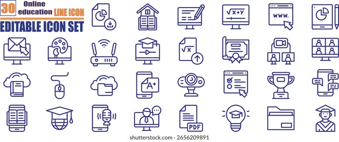 Online learning icons set with book, webinar, chat, smart, tutorial, exam, e learning, video call, instructor, online fitness icon.