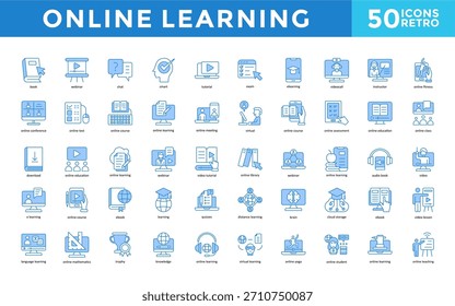 Online learning icons set with book, webinar, chat, smart, tutorial, exam, e learning, video call, instructor, online fitness icon. Simple retro vector 
