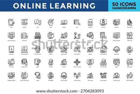 Online learning icons set with book, webinar, chat, smart, tutorial, exam, e learning, video call, instructor, online fitness icon. Simple handdrawn vector 
