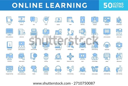 Online learning icons set with book, webinar, chat, smart, tutorial, exam, e learning, video call, instructor, online fitness icon. Simple retro vector 
