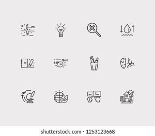 Online learning icons set. Geology and online learning icons with quiz, microscope and college. Set of optical for web app logo UI design.