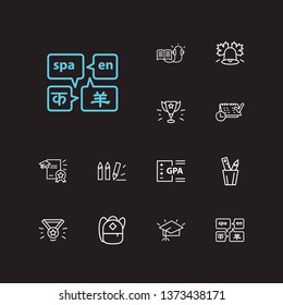 Online learning icons set. Pencils and online learning icons with graduation hat, diploma and school bell. Set of accessory for web app logo UI design.