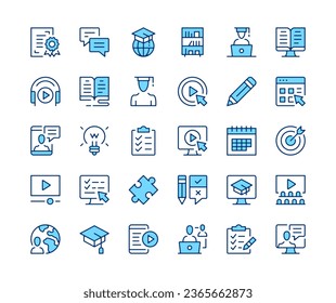 Online learning icons set. Vector line icons. Blue color outline stroke symbols. Modern concepts