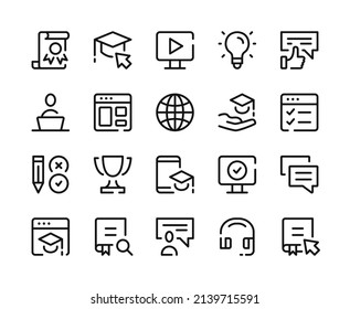 Iconos de aprendizaje en línea. Iconos de línea del vector establecidos. Educación a distancia, aprendizaje de idiomas, conceptos de cursos en línea. Símbolos de esquema, elementos gráficos lineales. Diseño moderno