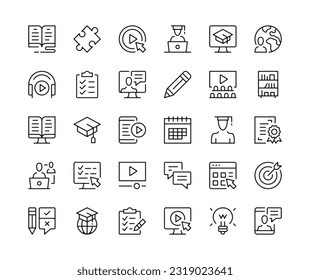 Online learning icons. Vector line icons set. E-learning, webinar, training, online courses concepts. Black outline stroke symbols