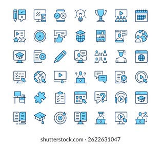 Online learning icons. Vector line icon set. Modern outline design. Blue concept