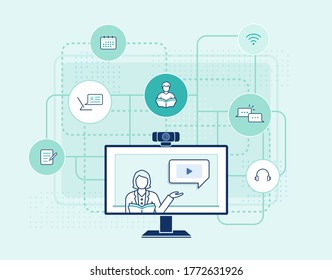 online learning illustration via webcam with education icons: learning at home, distance education