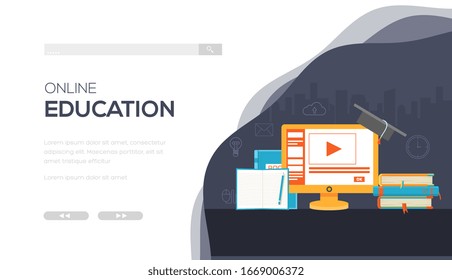 online learning infographic background concept in retro flat style design. Vector illustration Head banner or enter silde site 
