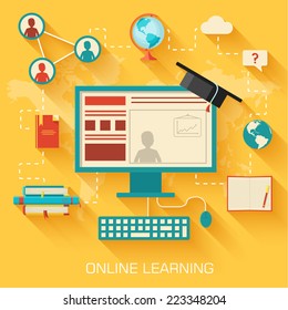  Online Learning Infographic Background Concept In Retro Flat Style Design. Vector Illustration