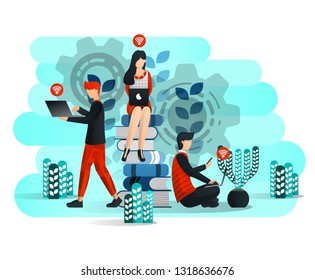 Online Learning With Internet and Laptop, Student Studying Around Pile of Book. Face of Education 4.0. Vector Illustration For Web, Element, Banner, Mobile App, Presentation, UI UX. Flat Cartoon Style