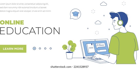 Online Learning- Isometric- Characters -E education Landing Page-Webinar-digital classroom- Flat Vector Concept-Illustrations-boy with laptop