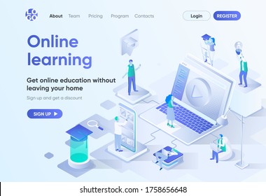 Online learning isometric landing page. Distance education, professional skills development and career growth. Interactive study template for CMS and website. Isometry scene with people characters.