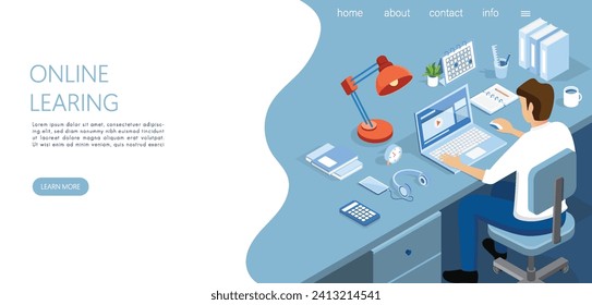 Online learning isometric landing page template. E-learning concept.