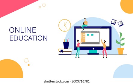 Online learning landing page template. Group of students open a folder in the computer. Vector illustration.
