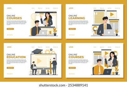 Modelo de página inicial de aprendizado on-line educação on-line curso on-line webinar conjunto de conceito de design plano
