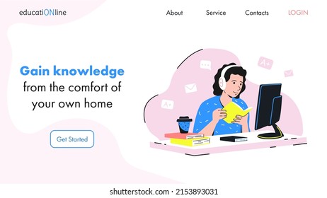 Online Learning Landing Page. Vector Illustration Of A Student At A Computer