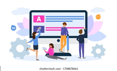 Online learning language tiny character people stand monitor concept flat vector illustration. Remote training speech design web page. Concept modern teaching male female student gain knowledge.