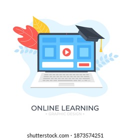 Online learning. Laptop and educational website with online courses, video tutorials on screen. Distance education, remote learning, elearning, webinar concept. Modern flat design. Vector illustration