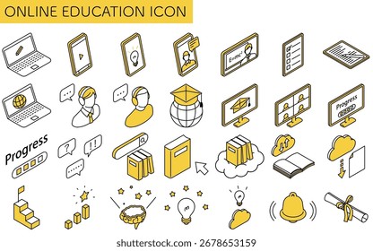 Portátil de aprendizaje en línea con pantalla de lápiz ícono de línea simple isométrica, Ilustración vectorial