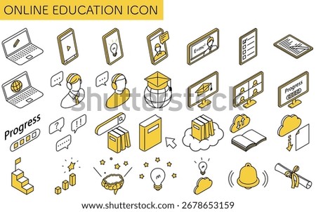 Online learning laptop with pencil screen isometric simple line icon, Vector Illustration