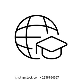 Online learning line icon. E book, academic cap, distance, student, phone, computer, internet, headphones, laptop, worldwide, textbook, home. Education concept. Vector line icon on white background