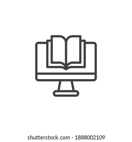 Icono de línea de aprendizaje en línea. signo de estilo lineal para concepto móvil y diseño web. Computadora con un icono vector de contorno de libro. Símbolo, ilustración del logotipo. Gráficos vectoriales