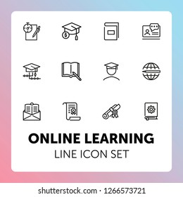 Online learning line icon set. Book, webinar, diploma. Education concept. Can be used for topics like studying, teaching, graduation