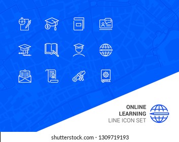 Online learning line icon set. Book, webinar, diploma. Education concept. Can be used for topics like studying, teaching, graduation