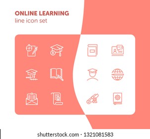 Online learning line icon set. Book, webinar, diploma. Education concept. Can be used for topics like studying, teaching, graduation
