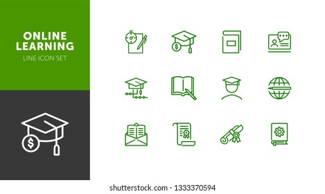 Online learning line icon set. Book, webinar, diploma. Education concept. Can be used for topics like studying, teaching, graduation