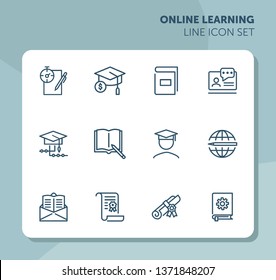 Online learning line icon set. Book, webinar, diploma. Education concept. Can be used for topics like studying, teaching, graduation