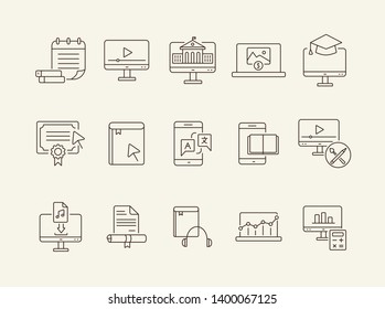 Online learning line icon set. Course, lection, educational video. Tutorial concept. Can be used for topics like lesson, educational technology, school subject