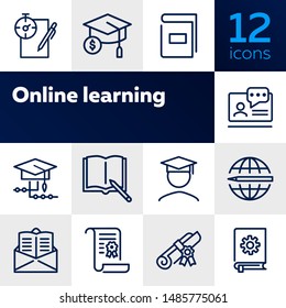 Online learning line icon set. Book, webinar, diploma. Education concept. Can be used for topics like studying, teaching, graduation