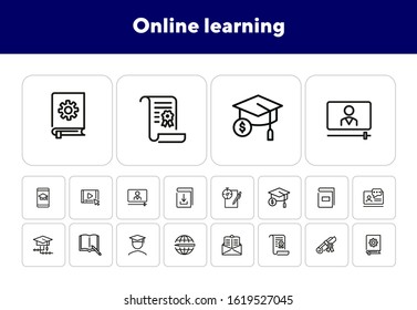 Online learning line icon set. Book, webinar, diploma. Education concept. Can be used for topics like studying, teaching, graduation